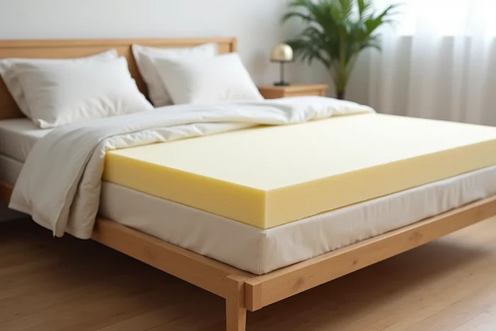 Matelas en latex naturel sur lit électrique articulé dans une chambre scandinave moderne avec literie en lin blanc