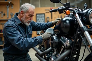 Mécanicien inspectant le moteur V-Twin d'une Harley-Davidson Softail dans un atelier professionnel