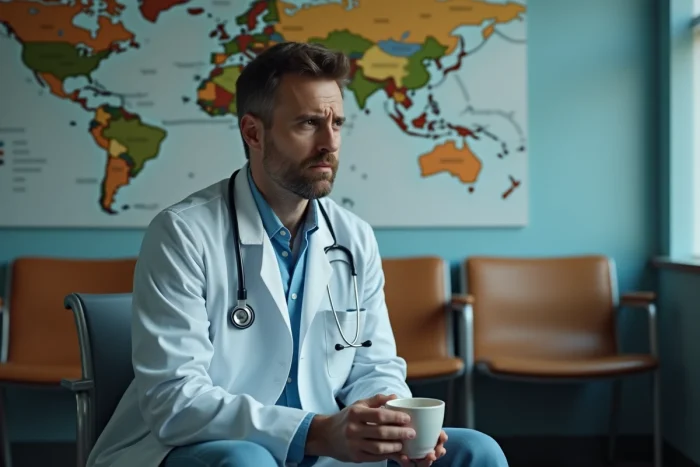 Médecin fatigué en pause dans une salle de repos d'hôpital avec une carte du monde en arrière-plan