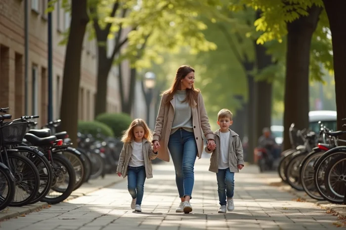Mère et enfants marchant ensemble en ville, scène familiale illustrant la famille de Sophie Coste