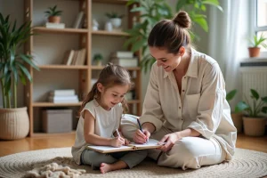 Mère accompagnant sa fille dans une activité créative sur le sol d'un salon familial chaleureux