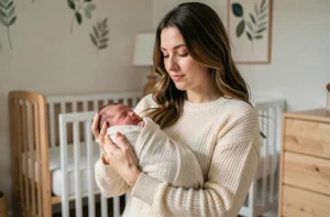 Jeune mère tenant tendrement son nouveau-né emmailloté dans une mousseline douce dans une chambre de bébé moderne en bois naturel