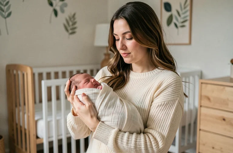 Jeune mère tenant tendrement son nouveau-né emmailloté dans une mousseline douce dans une chambre de bébé moderne en bois naturel