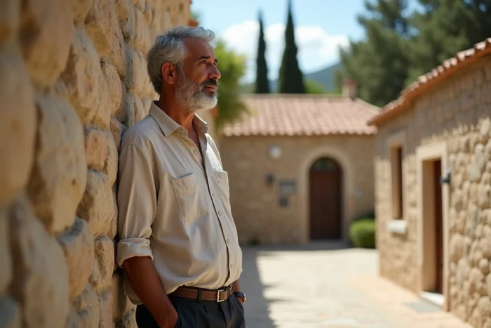 Homme d'origine nord-africaine dans un village corse traditionnel avec murs en pierre de granite