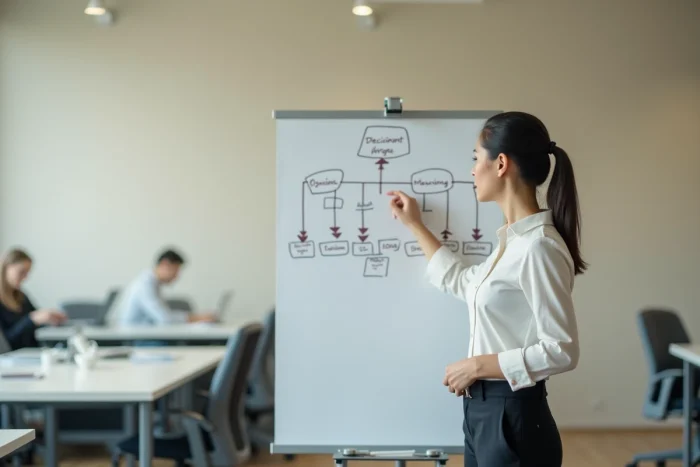 Femme cadre présentant un organigramme centralisé au tableau blanc dans un open space vide, symbolisant les blocages organisationnels liés à la centralisation en entreprise