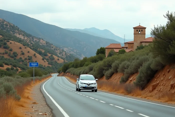 Panneau de la route nationale N260 en Espagne avec un village aragonais et son église romane en arrière-plan