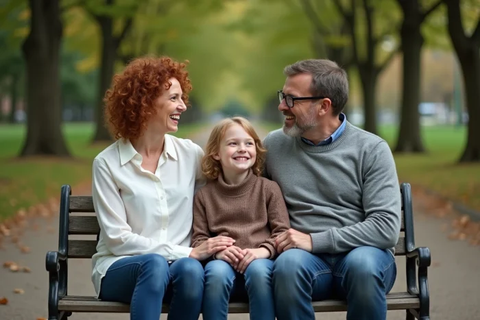 Parents et enfant en discussion bienveillante sur un banc dans un parc urbain verdoyant