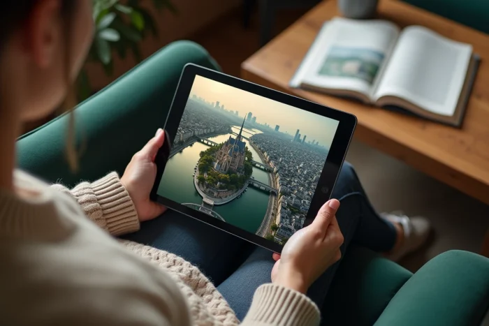 Mains tenant une tablette affichant une vue aérienne de Notre-Dame de Paris et de l'Île de la Cité depuis le ciel, personne assise dans un fauteuil confortable