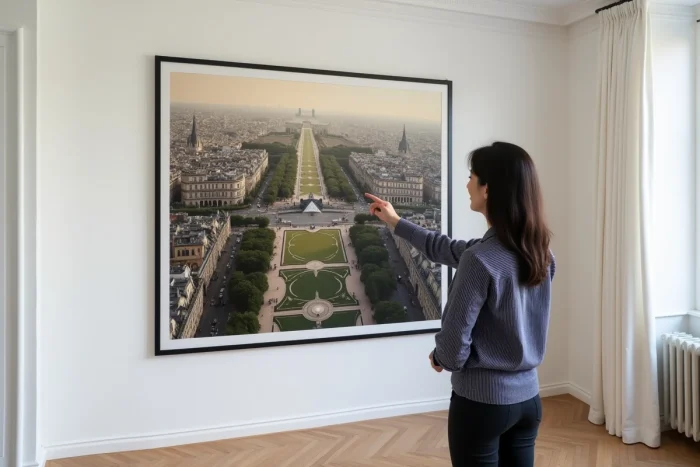 Femme admirant une grande photographie aérienne encadrée de Paris accrochée au mur d'un appartement, montrant le Louvre, les Tuileries et les Champs-Élysées vus depuis les airs