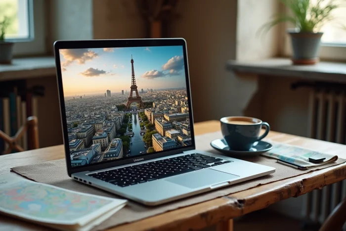 Vue aérienne de Paris affichée sur un écran d'ordinateur portable posé sur un bureau en bois, avec la Tour Eiffel et les toits haussmanniens visibles sur l'écran