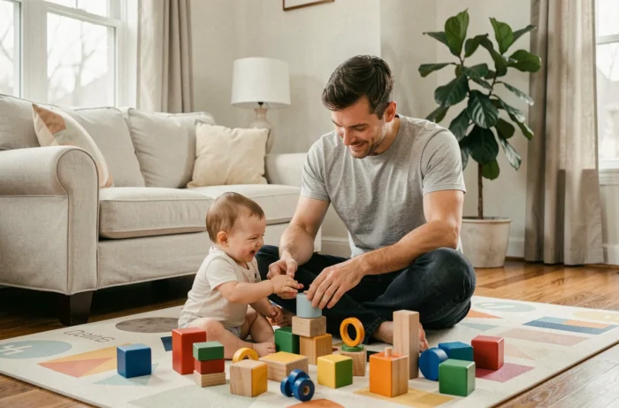 Père jouant avec son bébé de six mois sur un tapis d'éveil entouré de jouets en bois colorés dans un salon lumineux