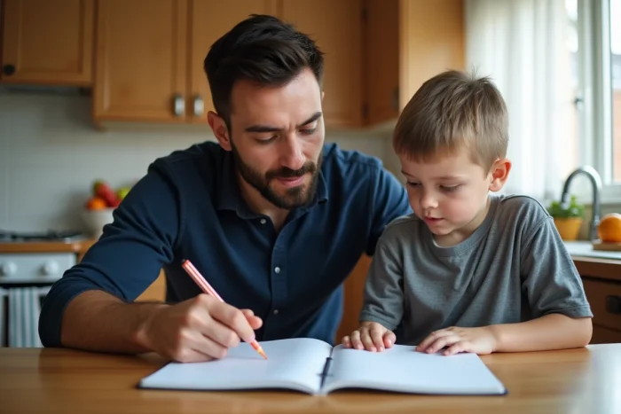 Père aidant son fils à faire ses devoirs à la table de cuisine dans un foyer familial