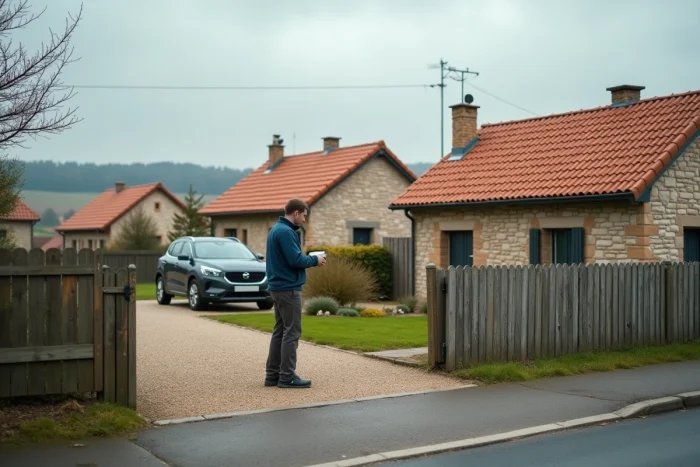 Homme devant une maison individuelle dans une zone périurbaine française entourée de jardins et de champs