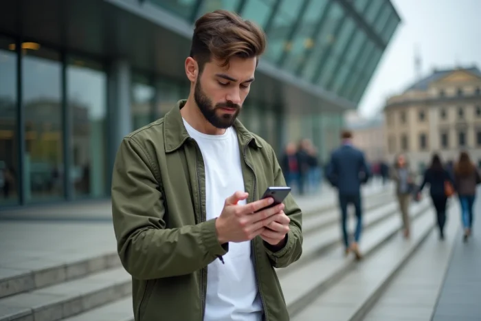 Personne consultant le site officiel sur smartphone pour trouver son numéro CPF devant un bâtiment administratif