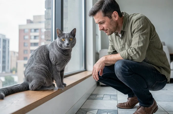 Photographe passionné immortalisant un chat British Shorthair gris sur un rebord de fenêtre dans un appartement urbain