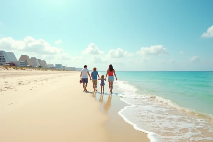 Plage du Petit Travers entre Carnon et La Grande-Motte avec famille se promenant et architecture pyramidale en arrière-plan