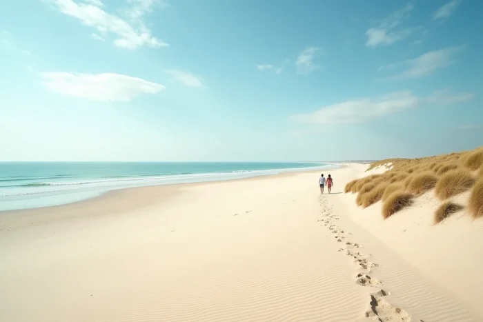 Immense plage sauvage de l'Espiguette secteur est avec dunes de sable fin, touffes d'oyats et mer turquoise à perte de vue