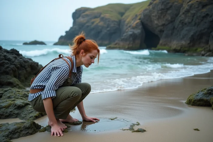 Plage sauvage de Traon Erc'h en Finistère avec rochers de schiste sombre, crique bretonne et femme observant une mare de marée