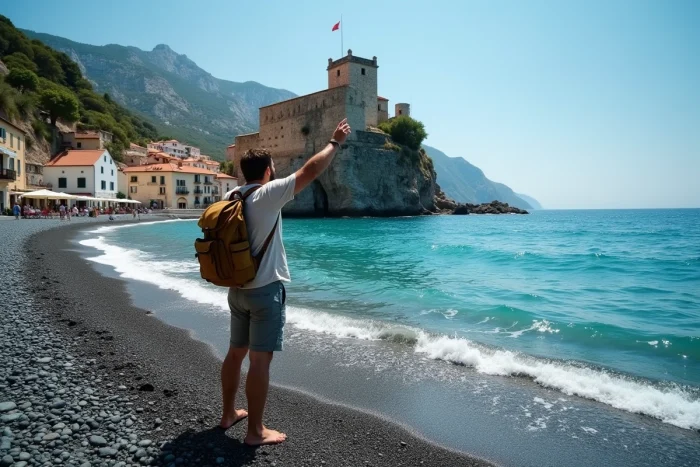 Plage de galets sombres de Nonza au Cap Corse avec tour génoise sur falaise, village blanc et mer émeraude spectaculaire