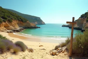 Vue panoramique d'une plage secrète méditerranéenne sauvage proche de Nîmes, entourée de garrigue et d'eaux turquoise en été