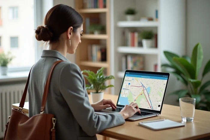 Femme planifiant et enregistrant un itinéraire de bus sur Mappy depuis son ordinateur portable à la maison