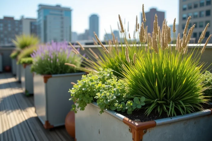 Plantes résistantes aux écarts thermiques extrêmes comme le sédum et la lavande dans des jardinières sur une terrasse rooftop