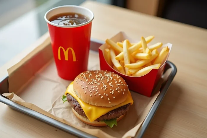 Plateau repas McDonald's avec burger frites et boisson photographié en vue du dessus à Villefranche-sur-Saône