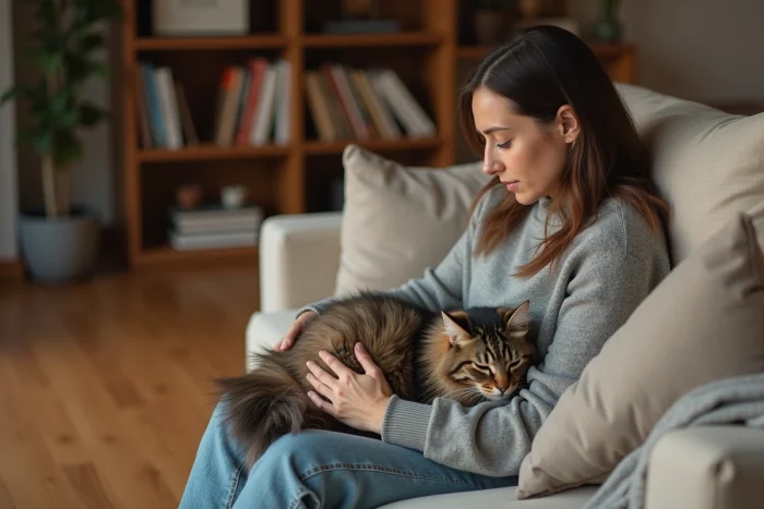 Femme assise sur un canapé caressant un chat à poils longs avec des poils flottant dans l'air ambiant