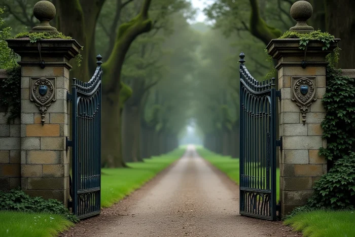 Portail en fer forgé d'un grand domaine privé français orné d'un blason familial et allée d'arbres centenaires