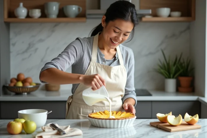 Femme versant une préparation au yaourt dans un moule à tarte avec des pommes, dans une cuisine moderne au plan de travail en marbre