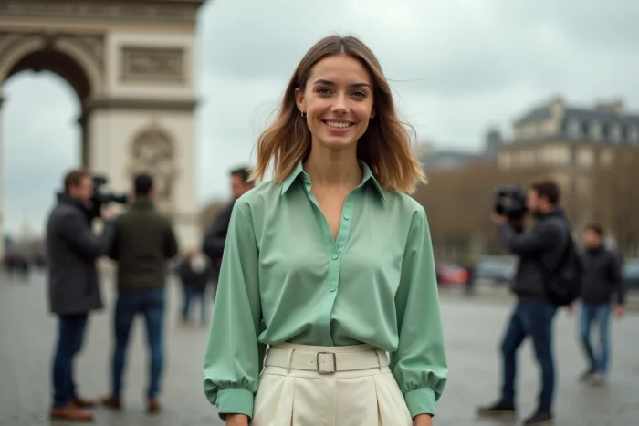 Présentatrice météo en extérieur devant un monument parisien portant un ensemble blouse verte et pantalon ivoire lors d'un tournage en direct