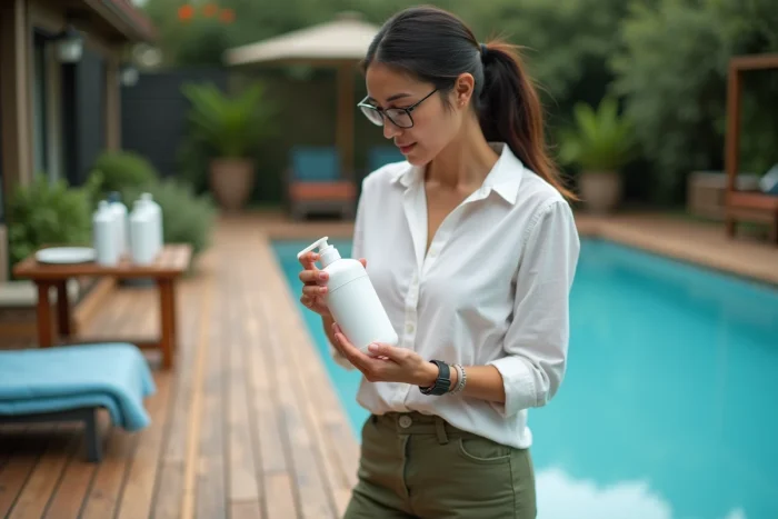 Femme lisant les instructions d'un produit pour corriger le TAC d'une piscine sans vidange