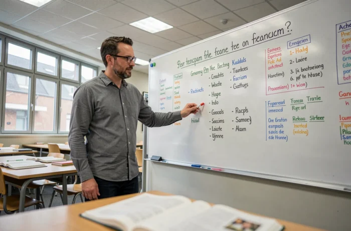 Professeur de français expliquant les classes grammaticales au tableau blanc devant une classe de 6ème