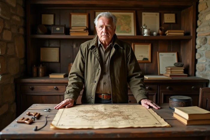 Propriétaire d'un grand domaine privé français consultant une carte cadastrale historique dans un bureau en pierre
