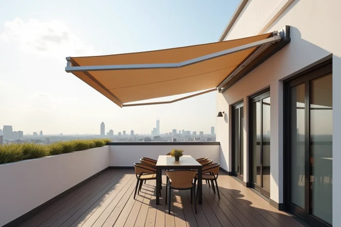Terrasse rooftop avec protection solaire démontable en store banne rétractable à structure aluminium visible