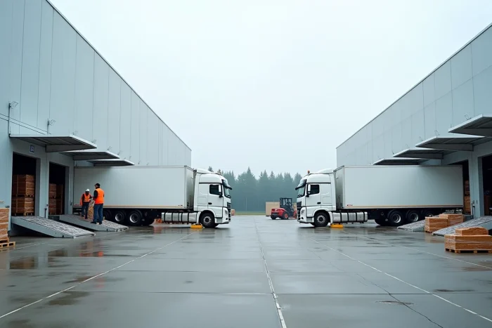 Quai de chargement extérieur d'une plateforme logistique avec camions et caristes déchargeant des palettes
