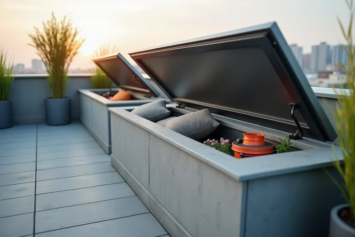 Rangements étanches intégrés dans des bancs coffres sur une terrasse rooftop contenant du matériel de jardinage et de maintenance