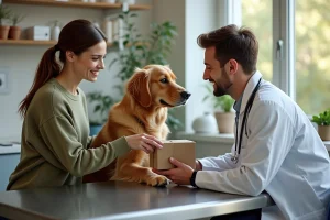 Une femme remet une carte de remerciement à son vétérinaire avec son chien golden retriever dans une clinique vétérinaire