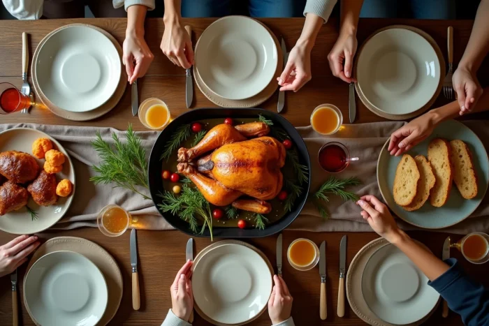 Table familiale avec un poulet rôti entier au centre du repas, symbolisant la place centrale du poulet dans la consommation alimentaire mondiale
