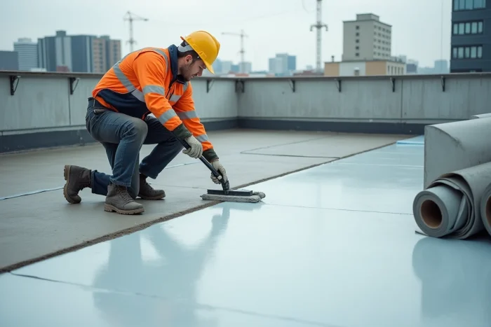 Ouvrier appliquant un revêtement d'étanchéité adapté sur le sol d'une terrasse rooftop en béton brut