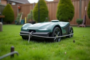 Robot tondeuse sécurisé avec un câble antivol ancré au sol dans un jardin résidentiel