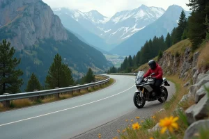 Route N260 en Espagne serpentant à travers les Pyrénées avec un motard consultan une carte à un belvédère de montagne