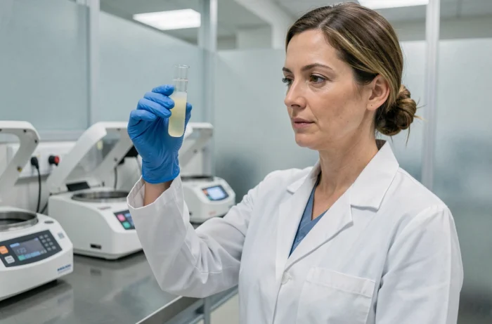 Technicienne de laboratoire tenant un tube de sérum opalescent après prélèvement sanguin pour analyse lipidique