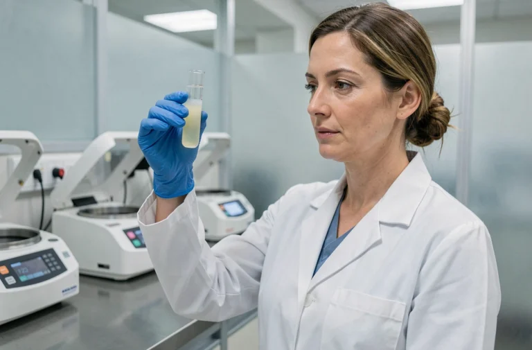 Technicienne de laboratoire tenant un tube de sérum opalescent après prélèvement sanguin pour analyse lipidique