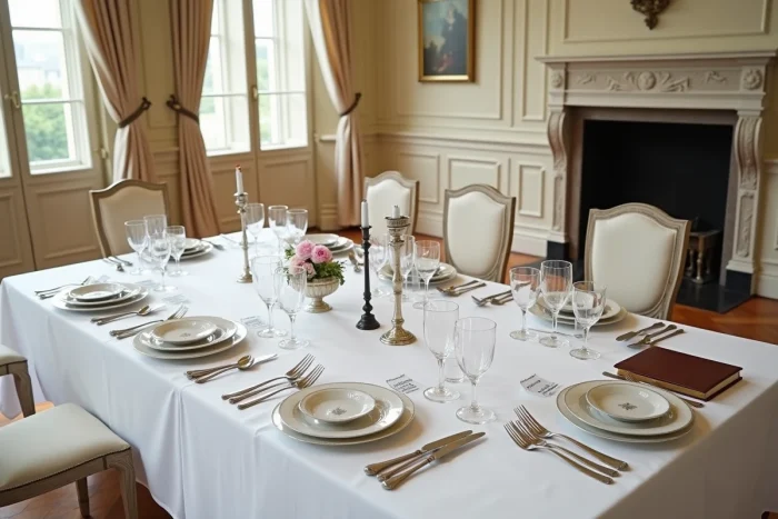 Service de couverts Christofle en argent ancien complet exposé sur une nappe blanche pour estimation et inventaire