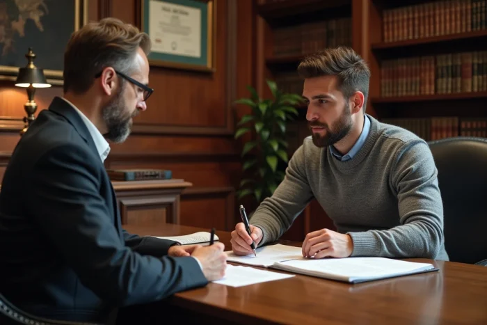 Homme signant un contrat immobilier chez un notaire dans un bureau professionnel en bois sombre