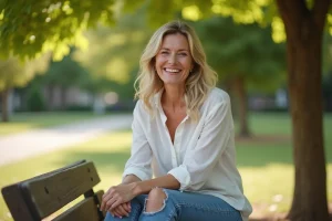 Sophie Coste souriante assise dans un parc, portrait naturel illustrant un article sur sa vie de famille
