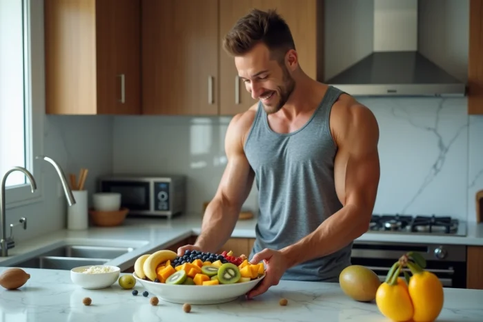 Sportif préparant un bol de fruits riches en glucides pour favoriser la prise de masse musculaire