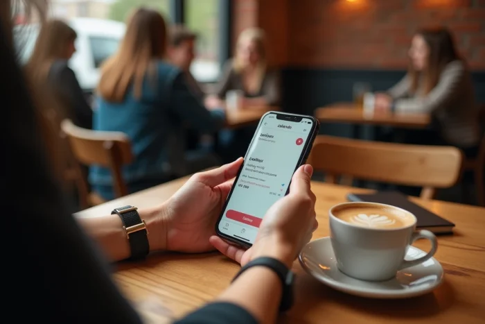 Femme consultant le suivi de livraison Zalando sur smartphone dans un café belge