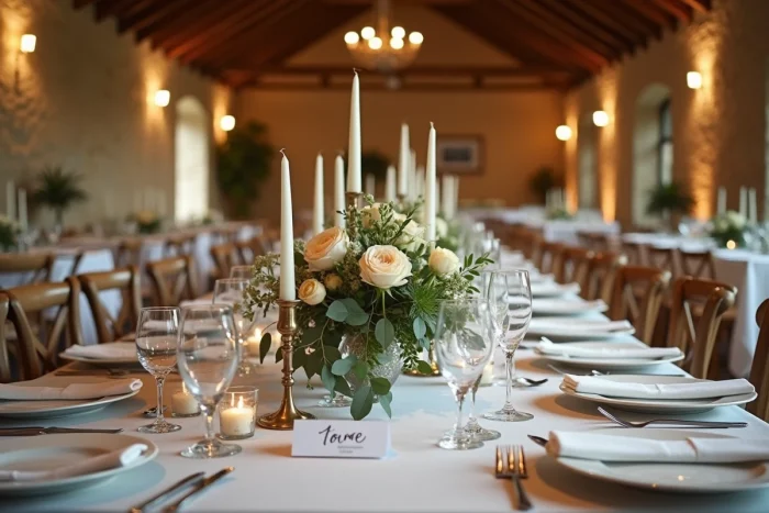 Table de réception de mariage élégamment dressée avec nappe en lin ivoire, bouquet de roses et vaisselle fine dans une grange en pierre